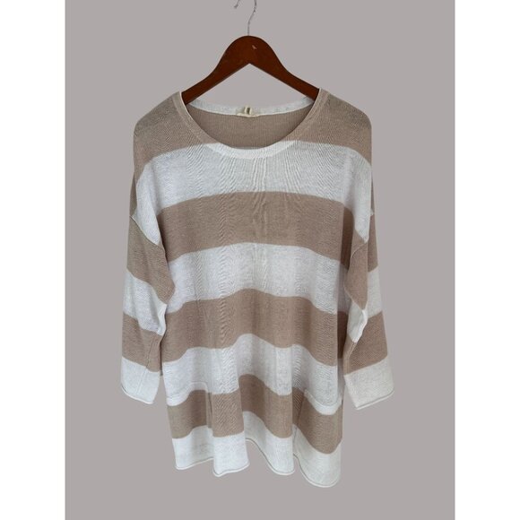 Eileen Fisher XL Organic Linen Knit Sweater Top Beige & White Striped Relaxed Fi - Picture 2 of 11